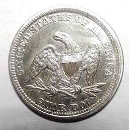 1857 LIBERTY SEATED QUARTER CH AU (CLEANED)