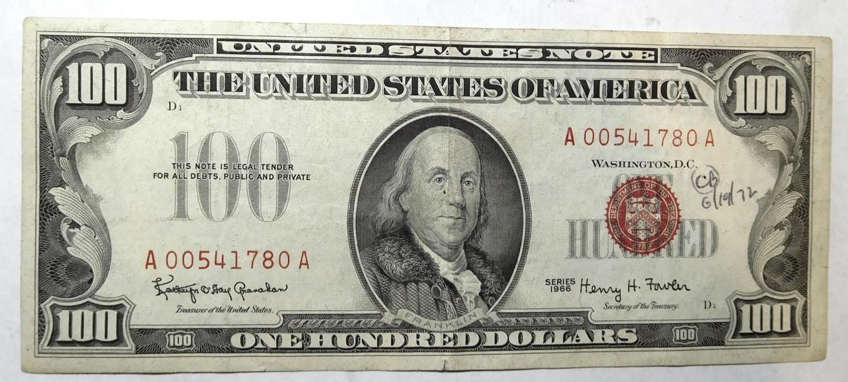 1966 $100.00 UNITED STATES NOTE INK ON OBVERSE UNC