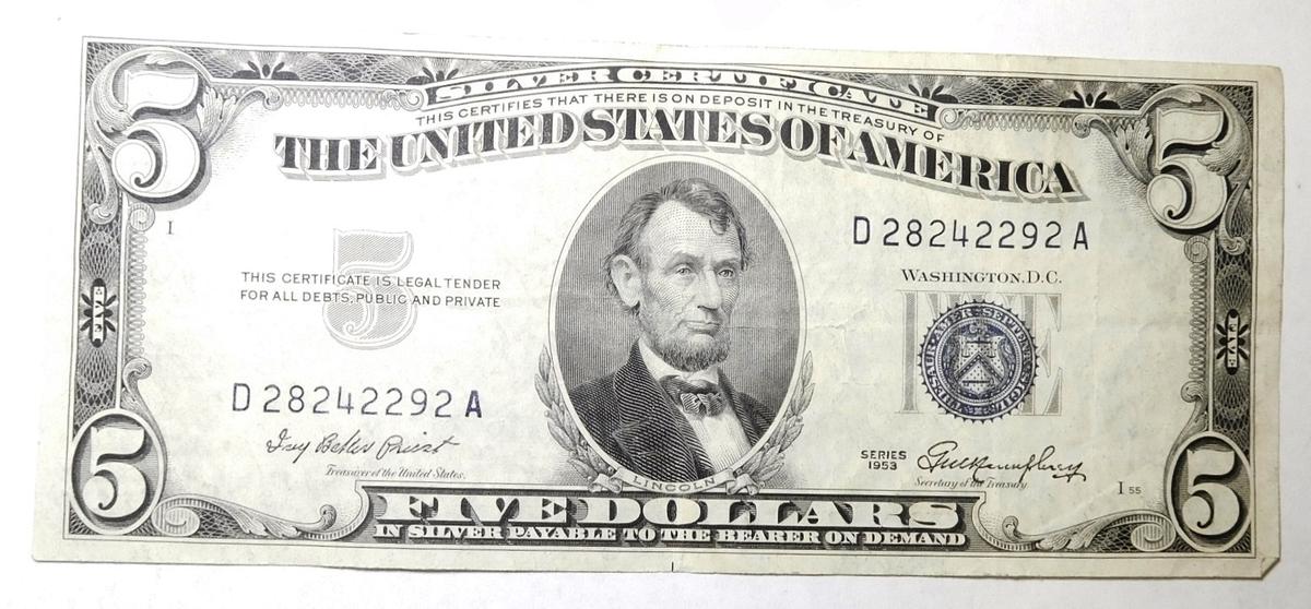 1953 $5.00 SILVER CERTIFICATE XF