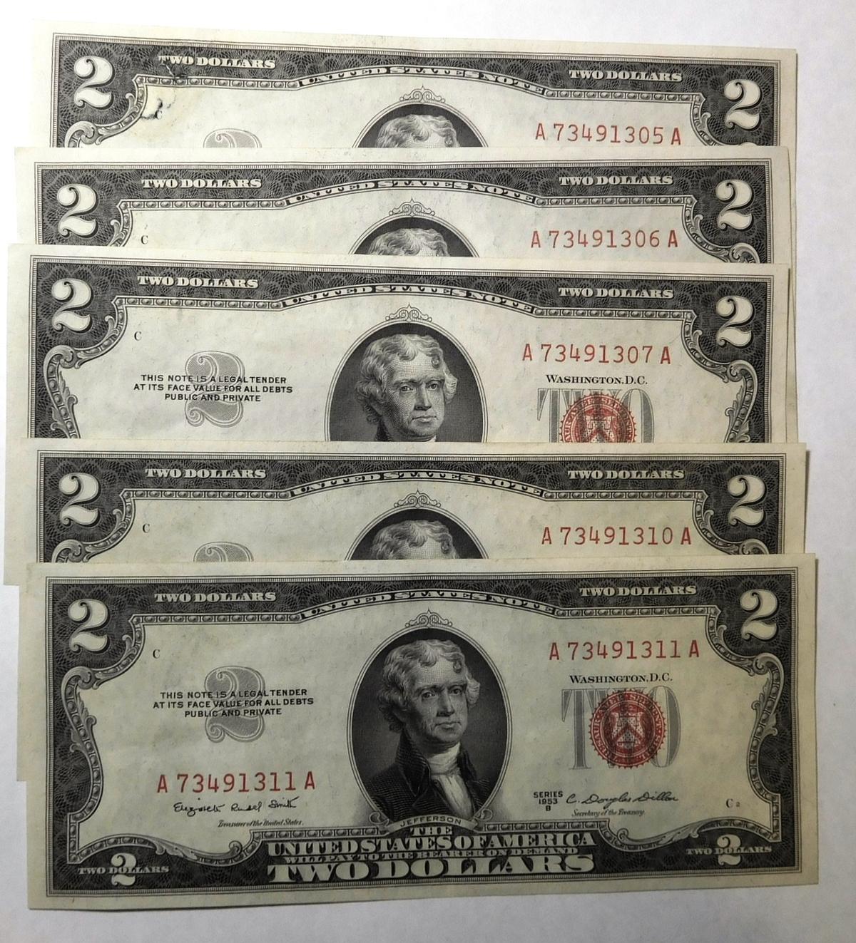 LOT OF FIVE 1953-B $2.00 NOTES CRISP GEM UNC (5 NOTES)