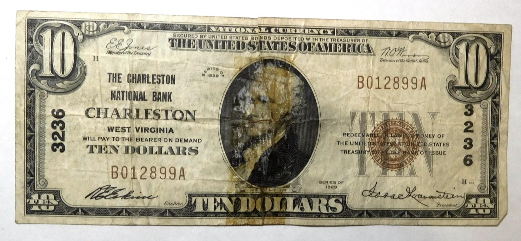 1929 $10.00 NATIONAL NOTE CHARLESTON, WV (TORN-TAPE RESIDUE)