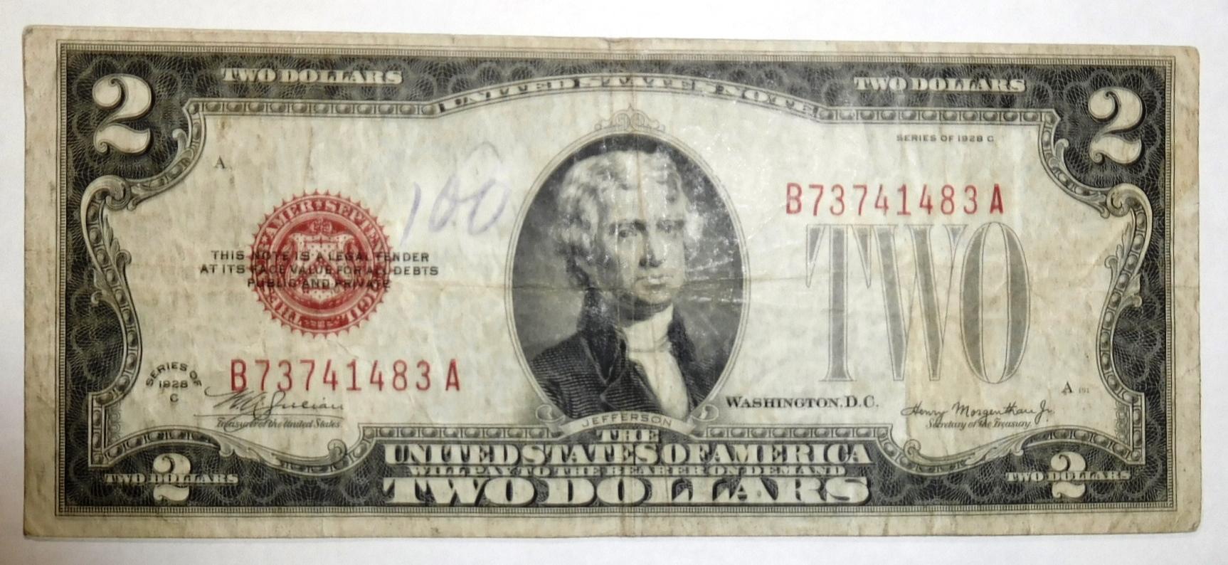 1928-C $2.00 NOTE VF (OBV WRITING)