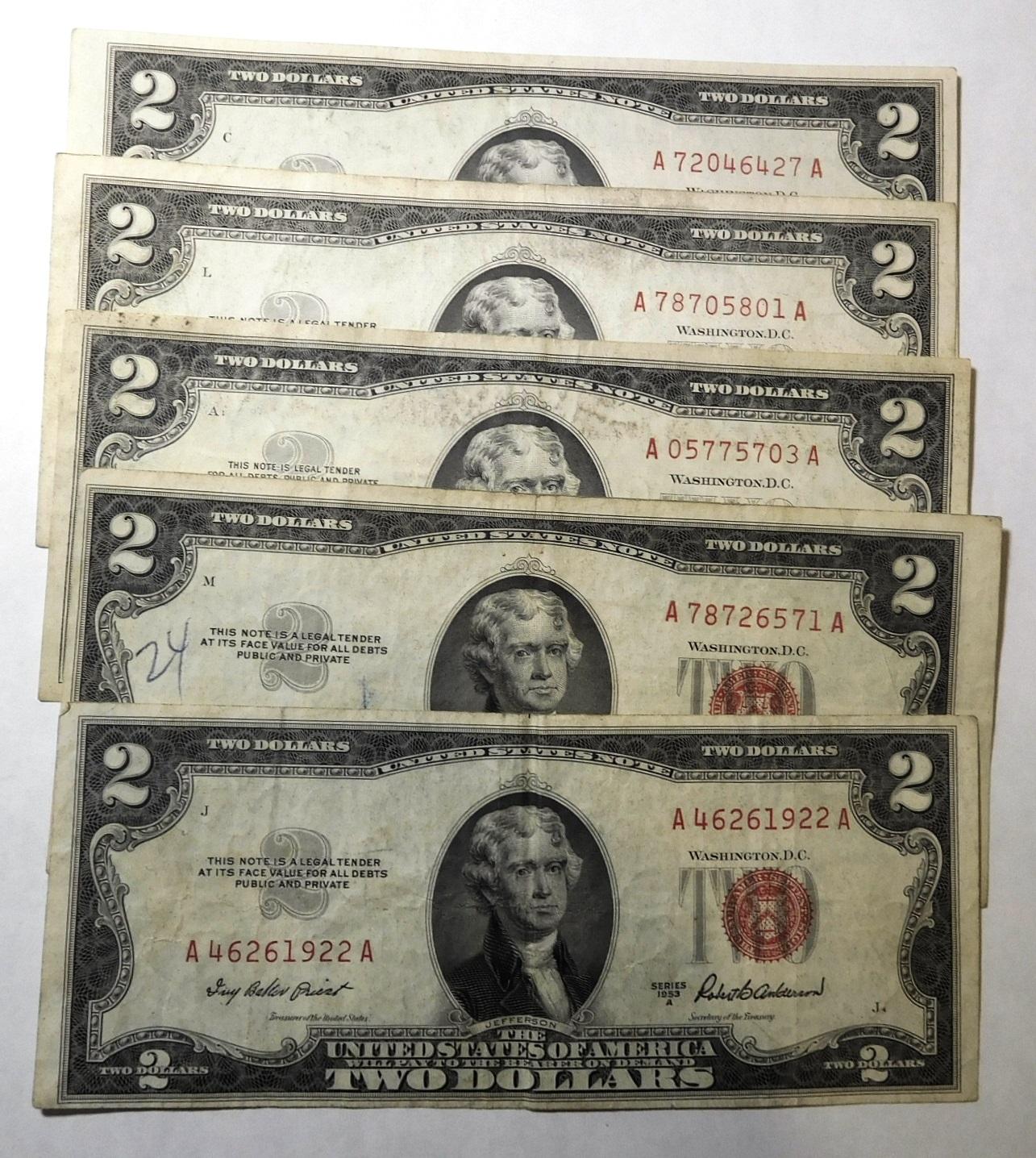 LOT OF FIVE $2.00 NOTES XF/AU (5 NOTES)