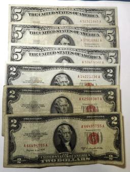 LOT OF THREE 1963 $5.00 NOTES & THREE 1953/1963 $2.00 NOTES AVE. CIRC. (6 NOTES)