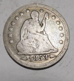 1853 ARR./RAYS SEATED QUARTER VG/FINE