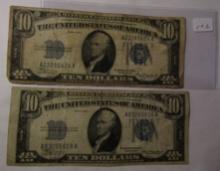 LOT OF TWO 1934 $10.00 SILVER CERTIFICATES VG/FINE (2 NOTES)
