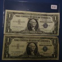 LOT OF TWO 1957 $1.00 SILVER CERTIFICATE STAR NOTES VG/AU (2 NOTES)