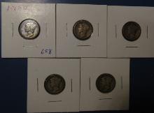 LOT OF FIVE 1931-S MERCURY DIMES F/VF (5 COINS)