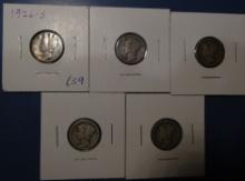 LOT OF FIVE 1926-S MERCURY DIMES F/VF (5 COINS)