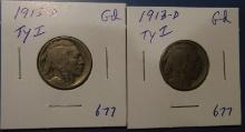 LOT OF TWO 1913-D TYPE 1 BUFFALO NICKELS  (2 COINS)