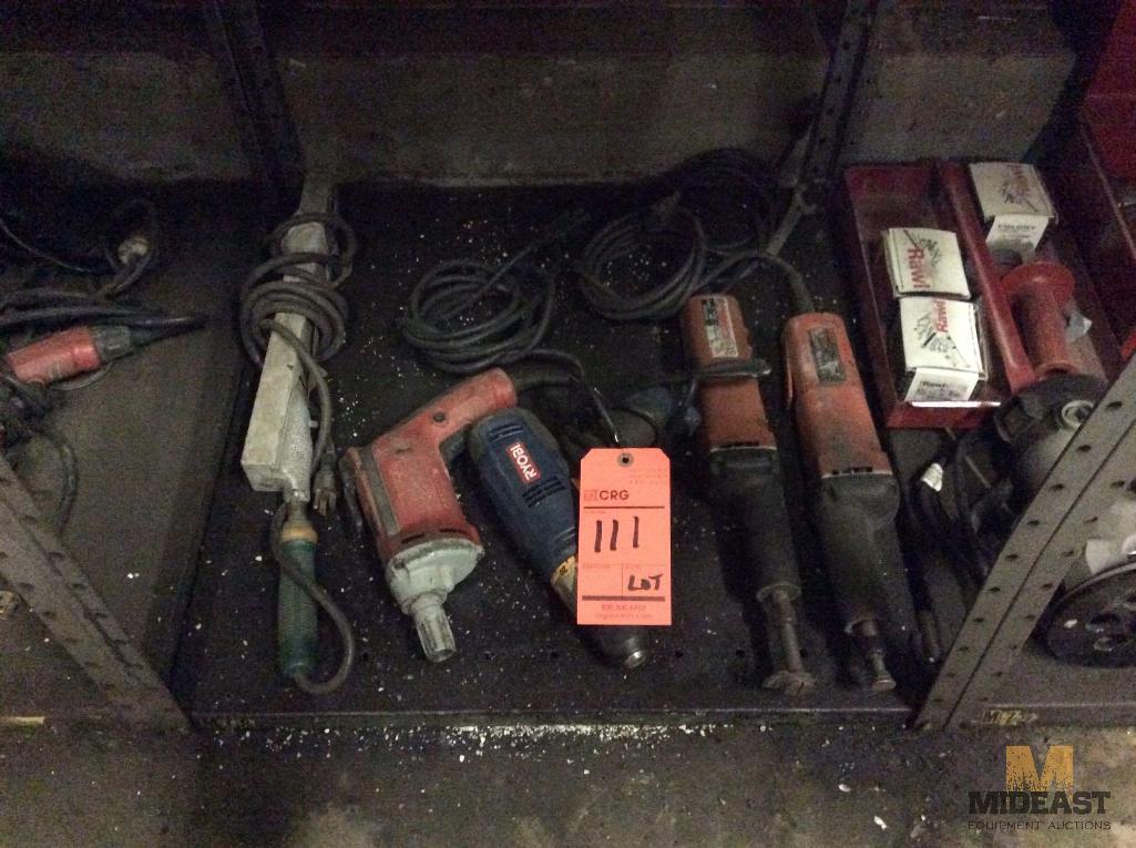 Lot of asst electric hand tools including drills, router, die grinders and impact gun