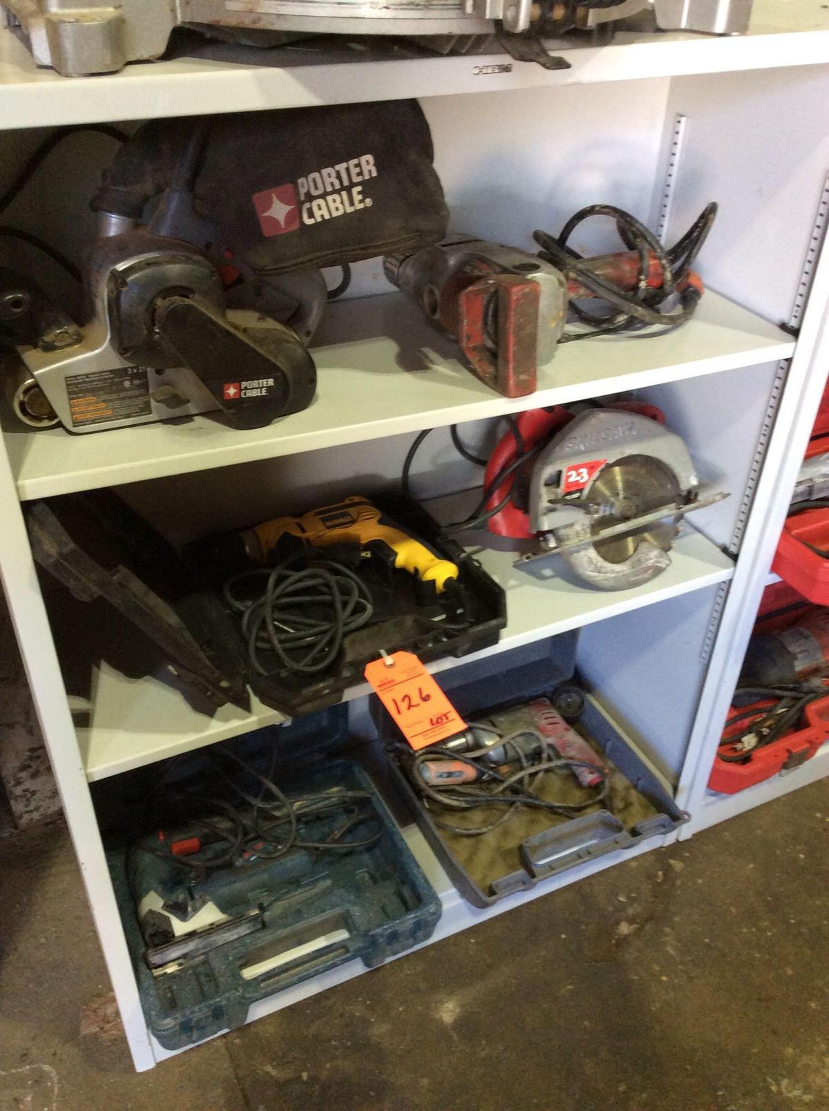 Lot of asst hand tools including sawzalls, drills, circular saws, jig saws, belt sanders, etc