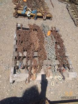 (8) Various Sized 3/8" Tie Down Chains with Hooks Approx 12' to 18' in Length