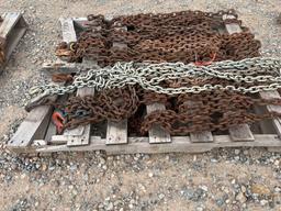 (8) Various Sized 3/8" Tie Down Chains with Hooks Approx 12' to 18' in Length