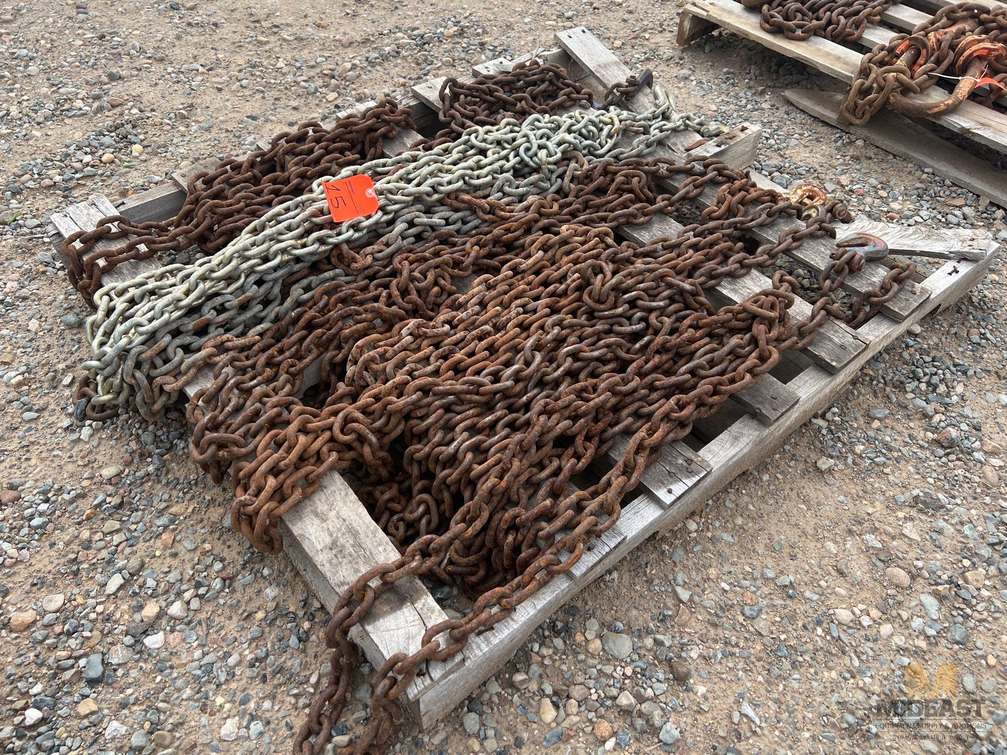 (8) Various Sized 3/8" Tie Down Chains with Hooks Approx 12' to 18' in Length