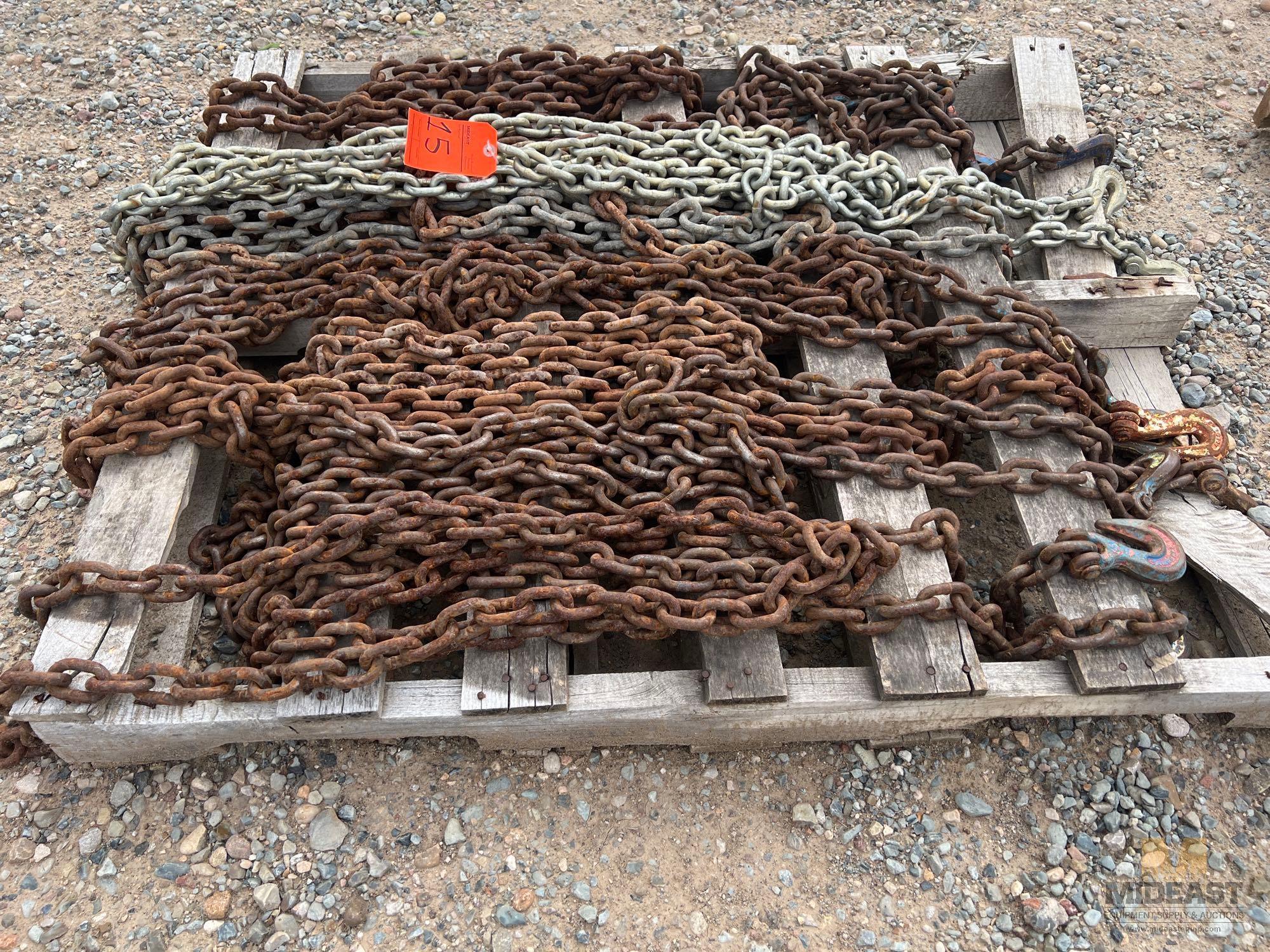 (8) Various Sized 3/8" Tie Down Chains with Hooks Approx 12' to 18' in Length
