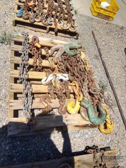 Skid Lot of Various Sized and Length Chains With Various lifting and Slotted Hooks