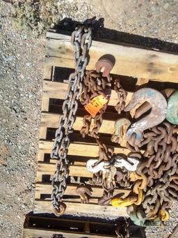 Skid Lot of Various Sized and Length Chains With Various lifting and Slotted Hooks