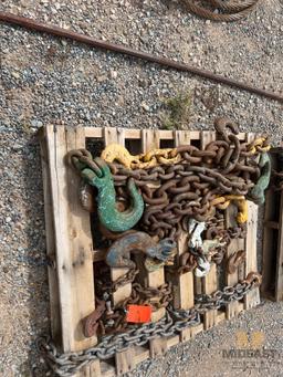 Skid Lot of Various Sized and Length Chains With Various lifting and Slotted Hooks
