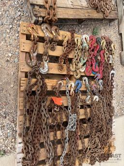Skid Lot of Various Sized and Length Chains With Various Lifting and Slotted Hooks