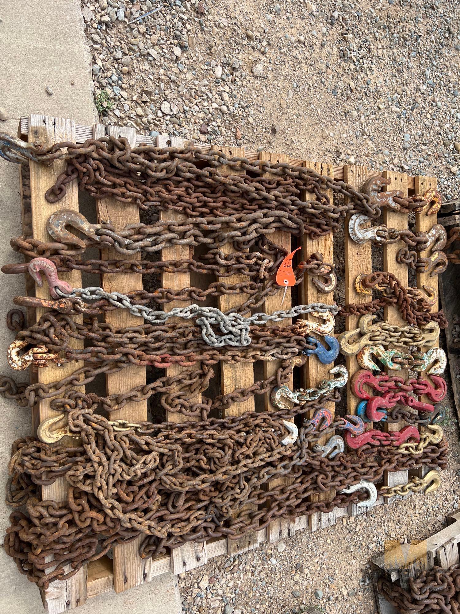 Skid Lot of Various Sized and Length Chains With Various Lifting and Slotted Hooks