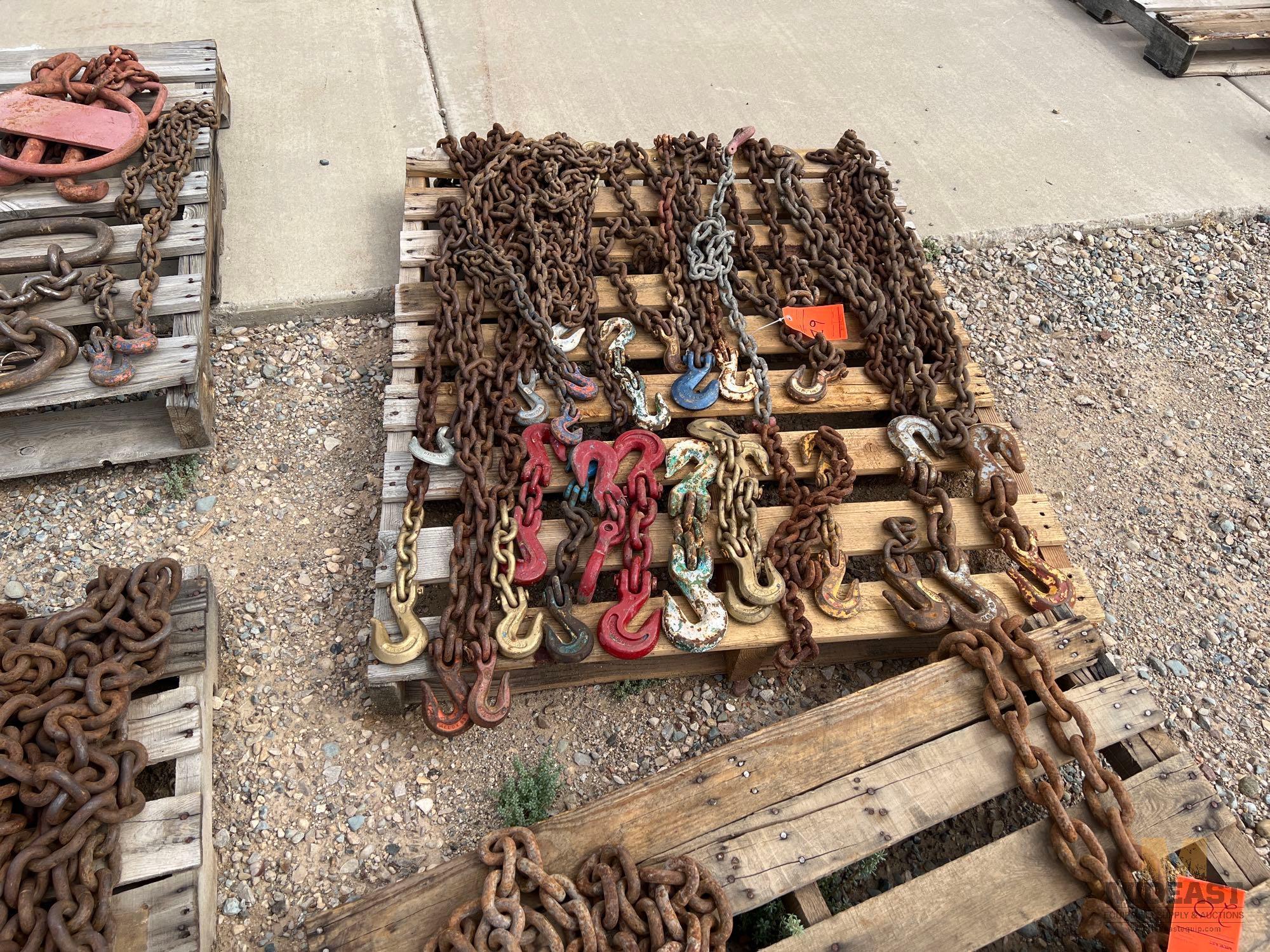 Skid Lot of Various Sized and Length Chains With Various Lifting and Slotted Hooks