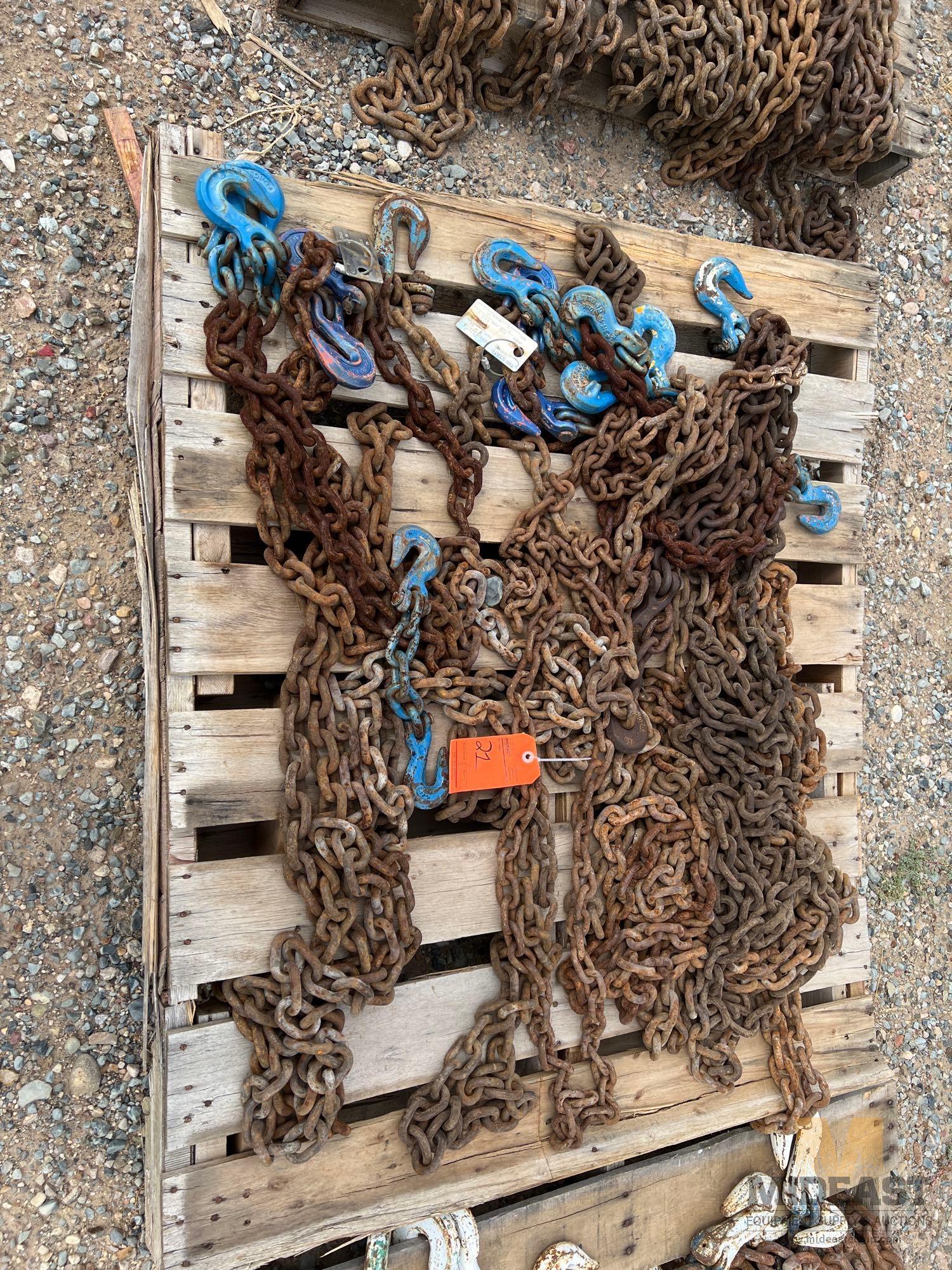 Skid Lot of Various Sized and Length Chains With Various Lifting and Slotted Hooks