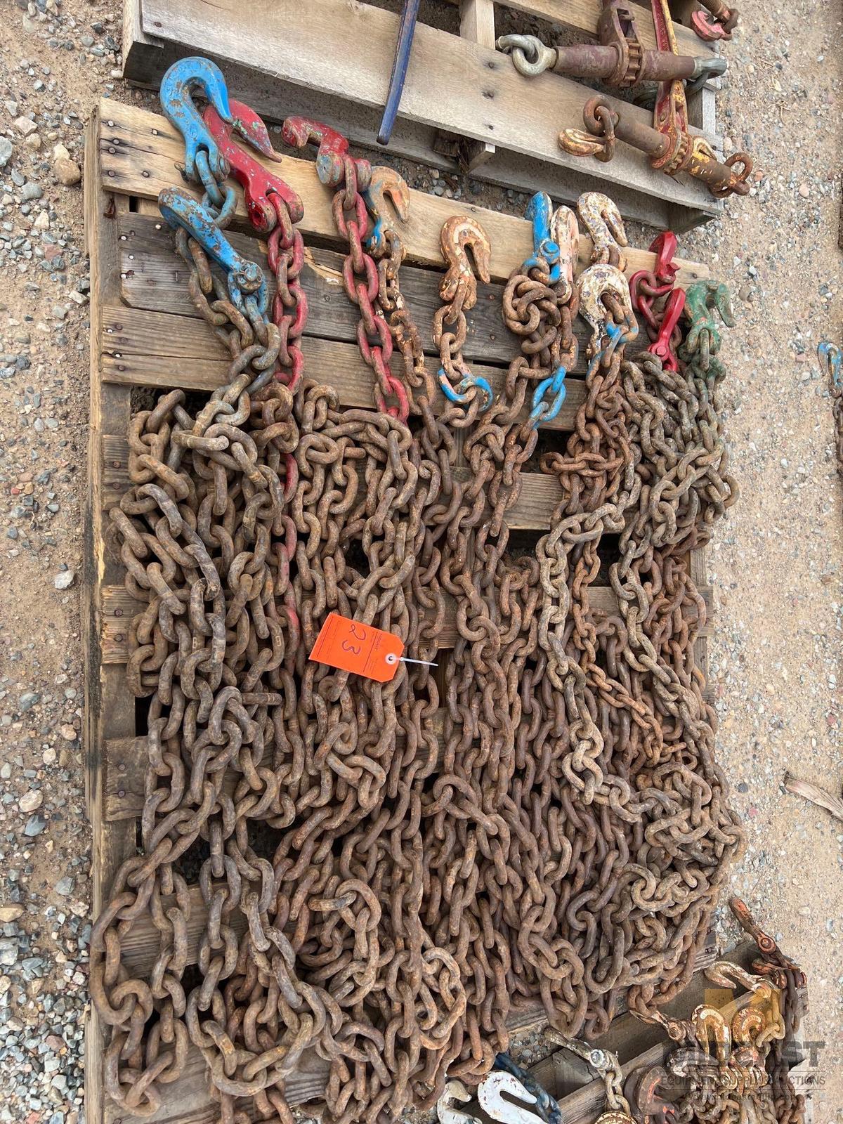 Skid Lot of (7) Various Sized and Length Chains With Slotted Hooks