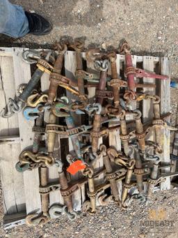 Skid Lot of (20) Assorted Ratcheting Style Chain Binders Assorted Sizes and Manufacturers