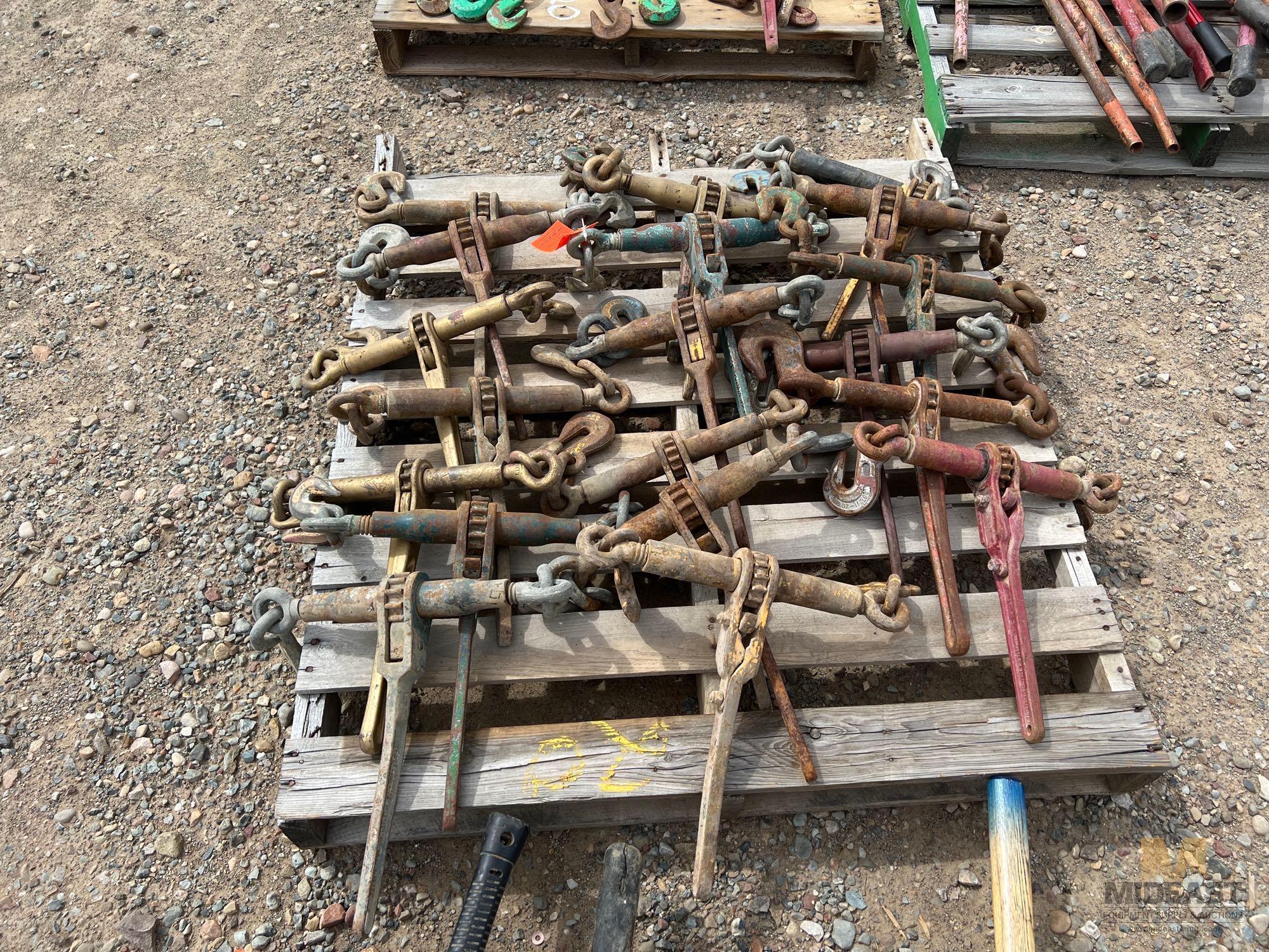 Skid Lot of (20) Assorted Ratcheting Style Chain Binders Assorted Sizes and Manufacturers