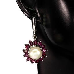 Natural Rhodolite Garnet Pearl Earrings