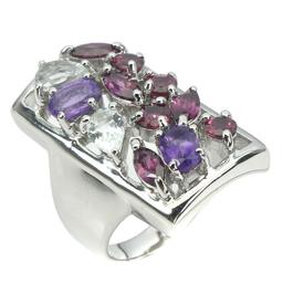 Natural Amethyst Aquamarine Rhodolite Garnet Ring