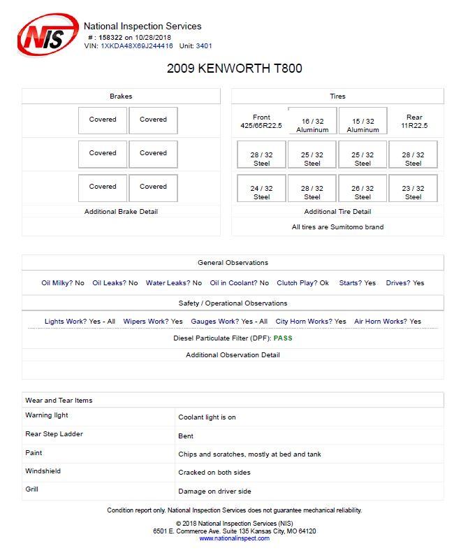 2009 KENWORTH T800 VIN: 1XKDA48X69J244416