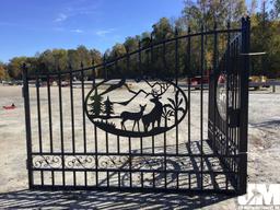 (UNUSED) GREATBEAR 14FT BI-PARTING WROUGHT IRON GATE W/DEER ARTWORK IN