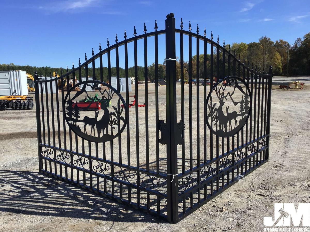 (UNUSED) GREATBEAR 20FT BI-PARTING WROUGHT IRON GATE W/DEER ARTWORK IN