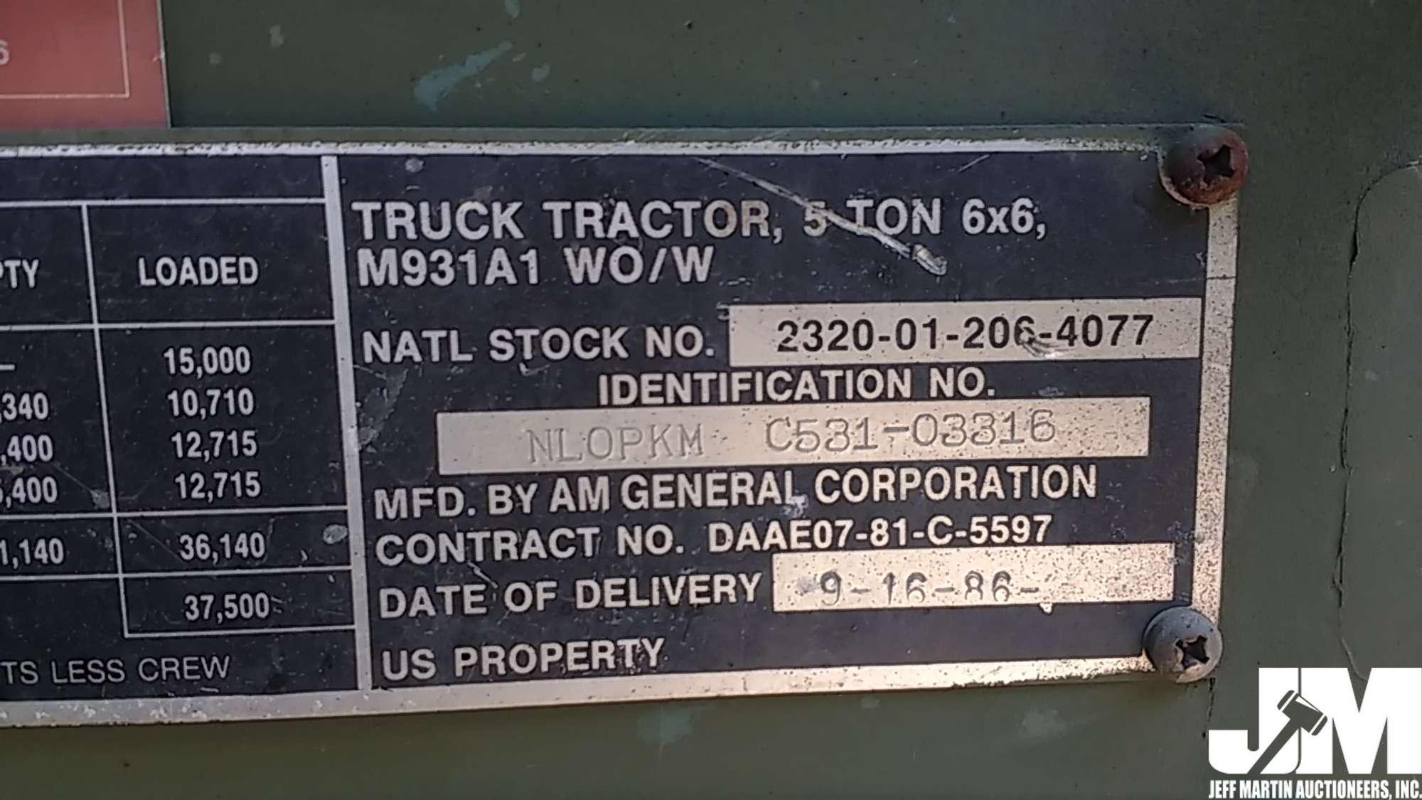 1986 AM GENERAL M931A1 VIN: NL0PKM C531-03316 T/A DAY CAB TRUCK TRACTOR