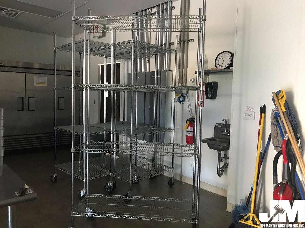 4 SHELF, 92"X48" METAL WIRE ROLLING RACK