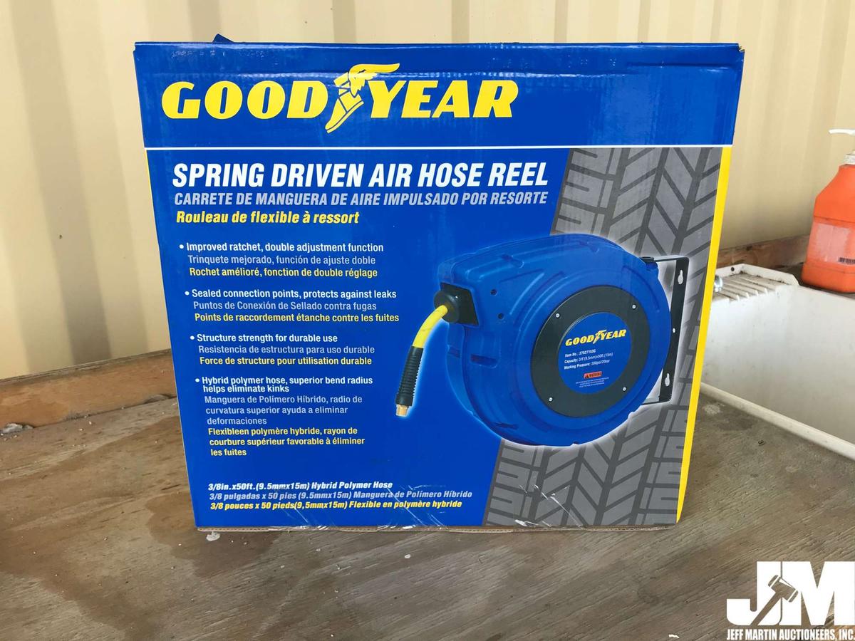 (UNUSED) GOODYEAR SPRING DRIVEN AIR HOSE REEL W/ 50' HOSE