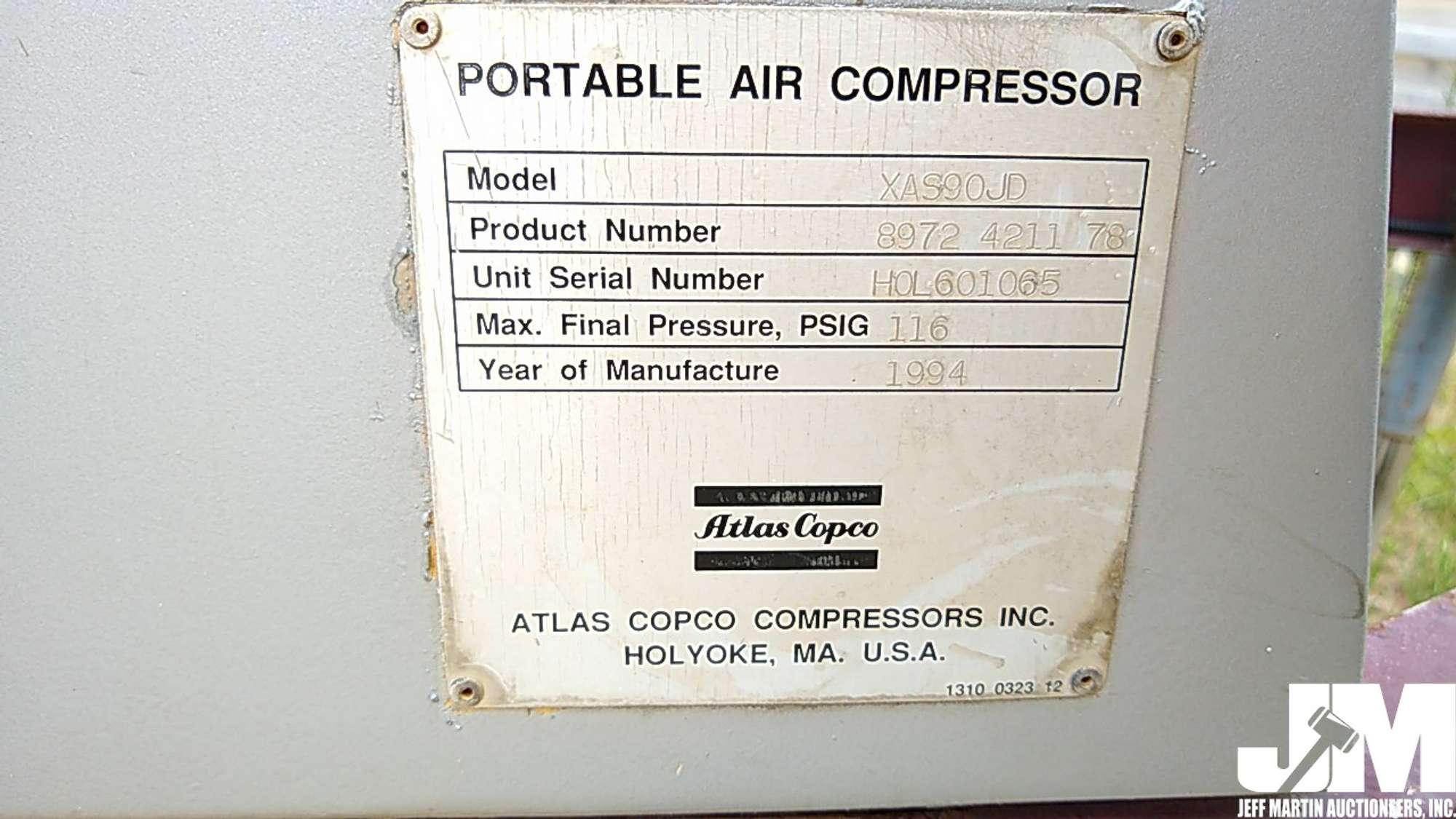 1994 ATLAS COPCO XAS90JD AIR COMPRESSOR SN: HOL601065