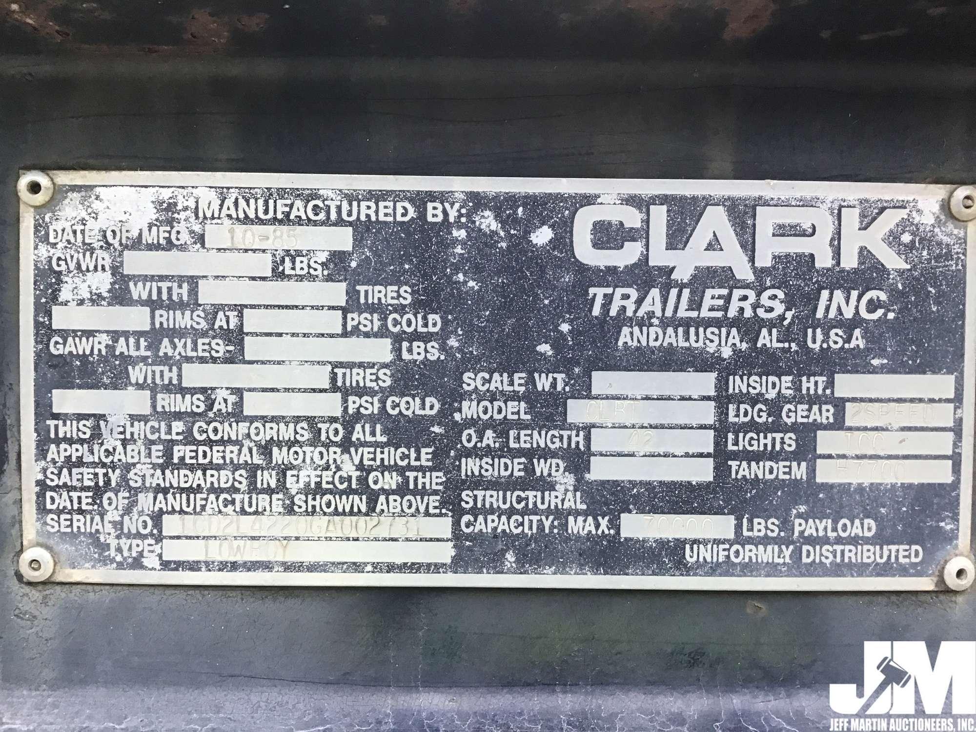 1986 CLARK CLBT FIXED NECK LOWBOY TRAILER VIN: 1CD2L4220GA002731