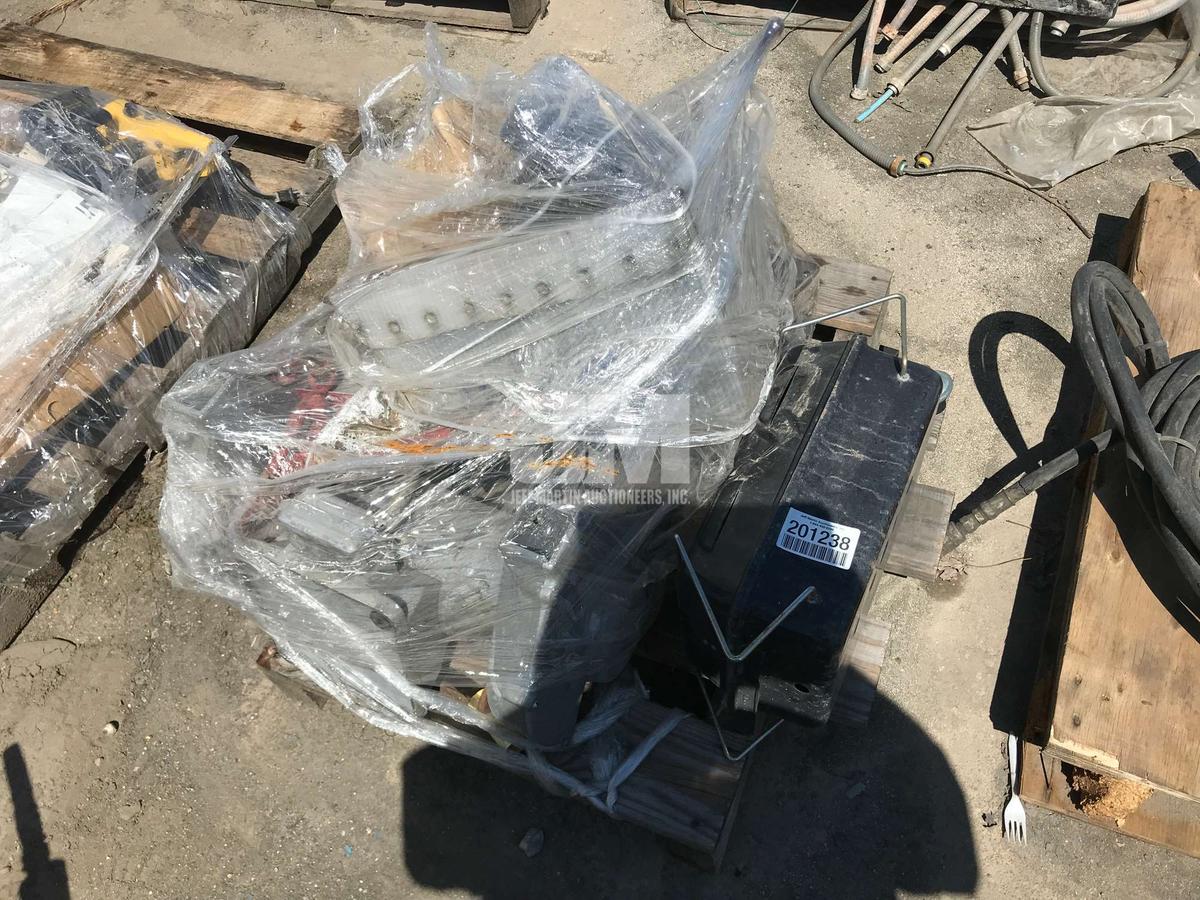 PALLET OF MISC. BBQ GRILL, CHAIN, BINDER, AND GRINDER