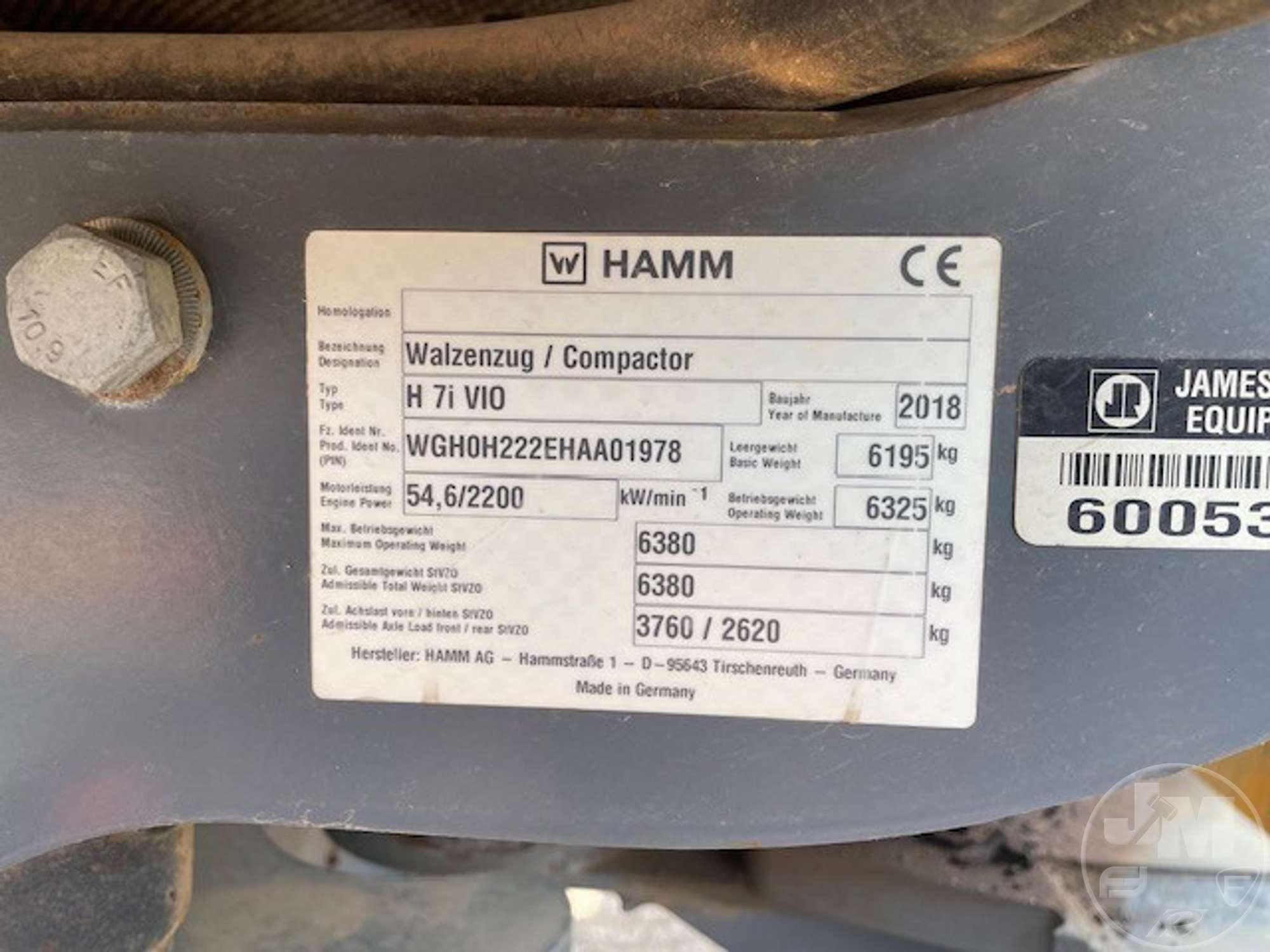 2018 HAMM H 7I VIO SN: WGHOH222EHAA01978 SINGLE DRUM VIBRATORY ROLLER