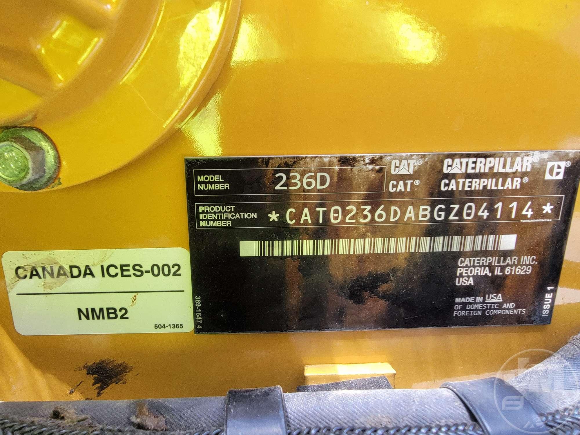 2016 CATERPILLAR 236D SKID STEER SN: CAT0236DABGZ04114 CAB