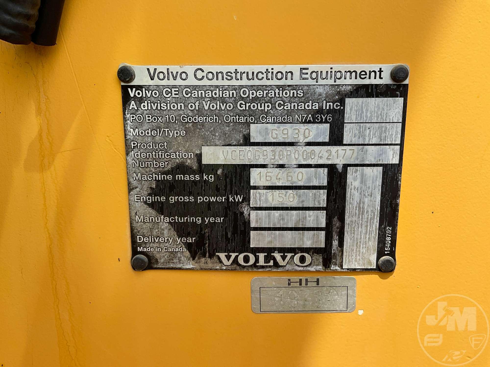 2008 VOLVO G930 MOTORGRADER SN: VCEOG930P00042177