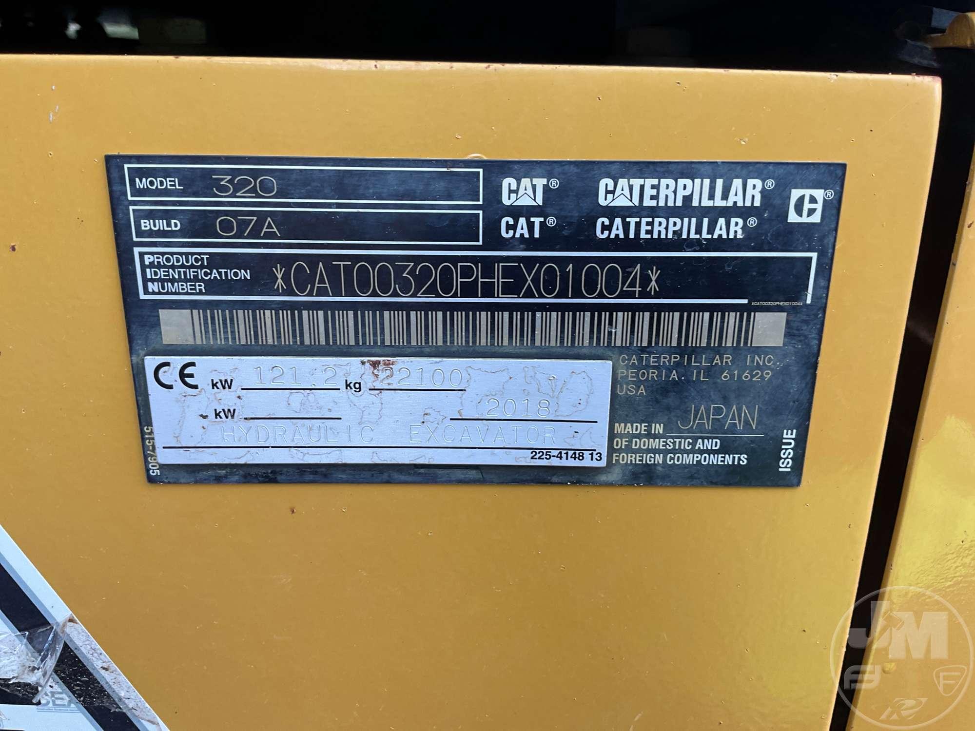 2018 CATERPILLAR 320 HYDRAULIC EXCAVATOR SN: CAT00320PHEX01004