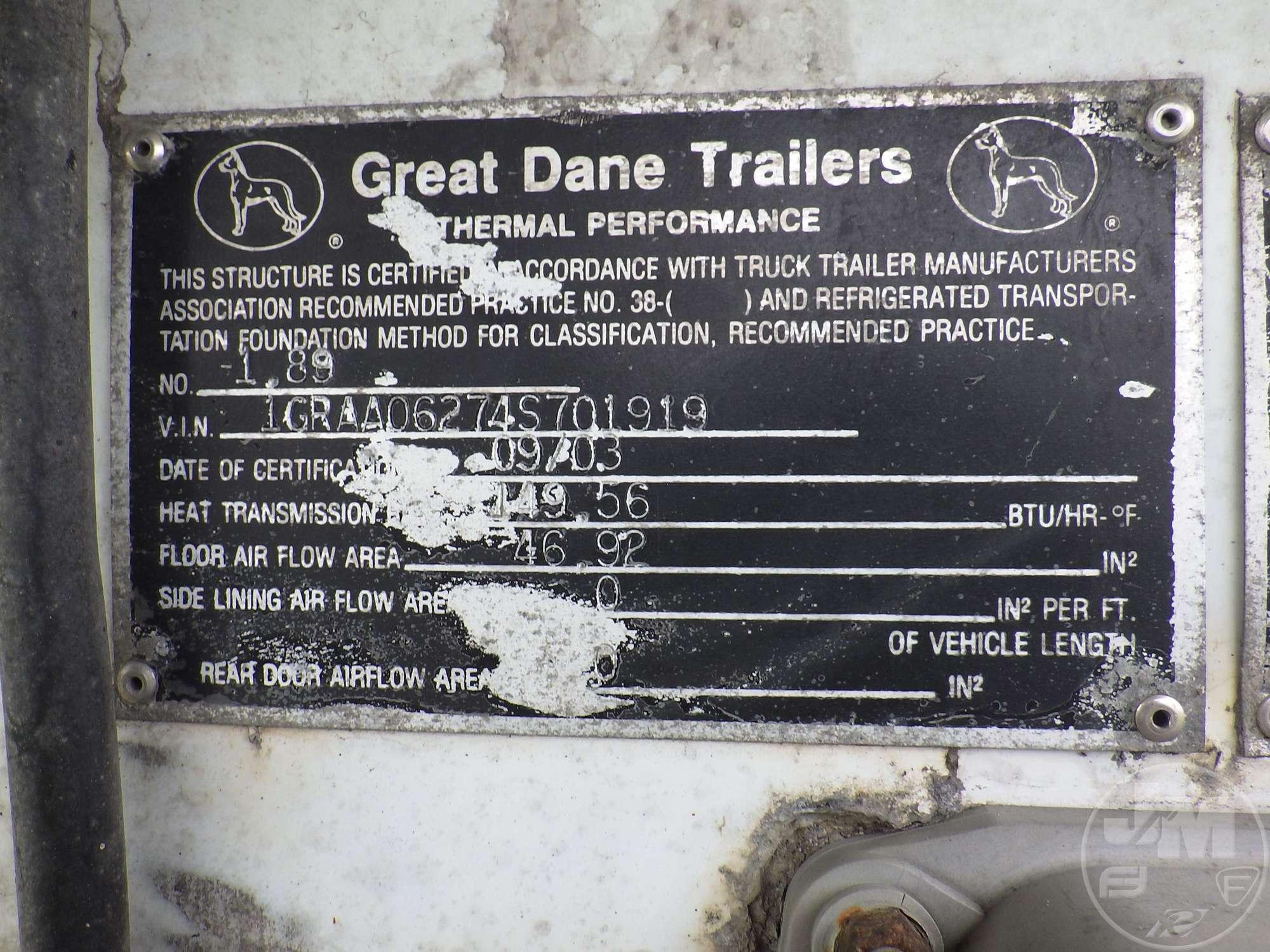 2004 GREAT DANE TRAILERS 7011TZ-2A 53'X102" REFRIGERATED VAN TRAILER VIN: 1GRAA06274S701919