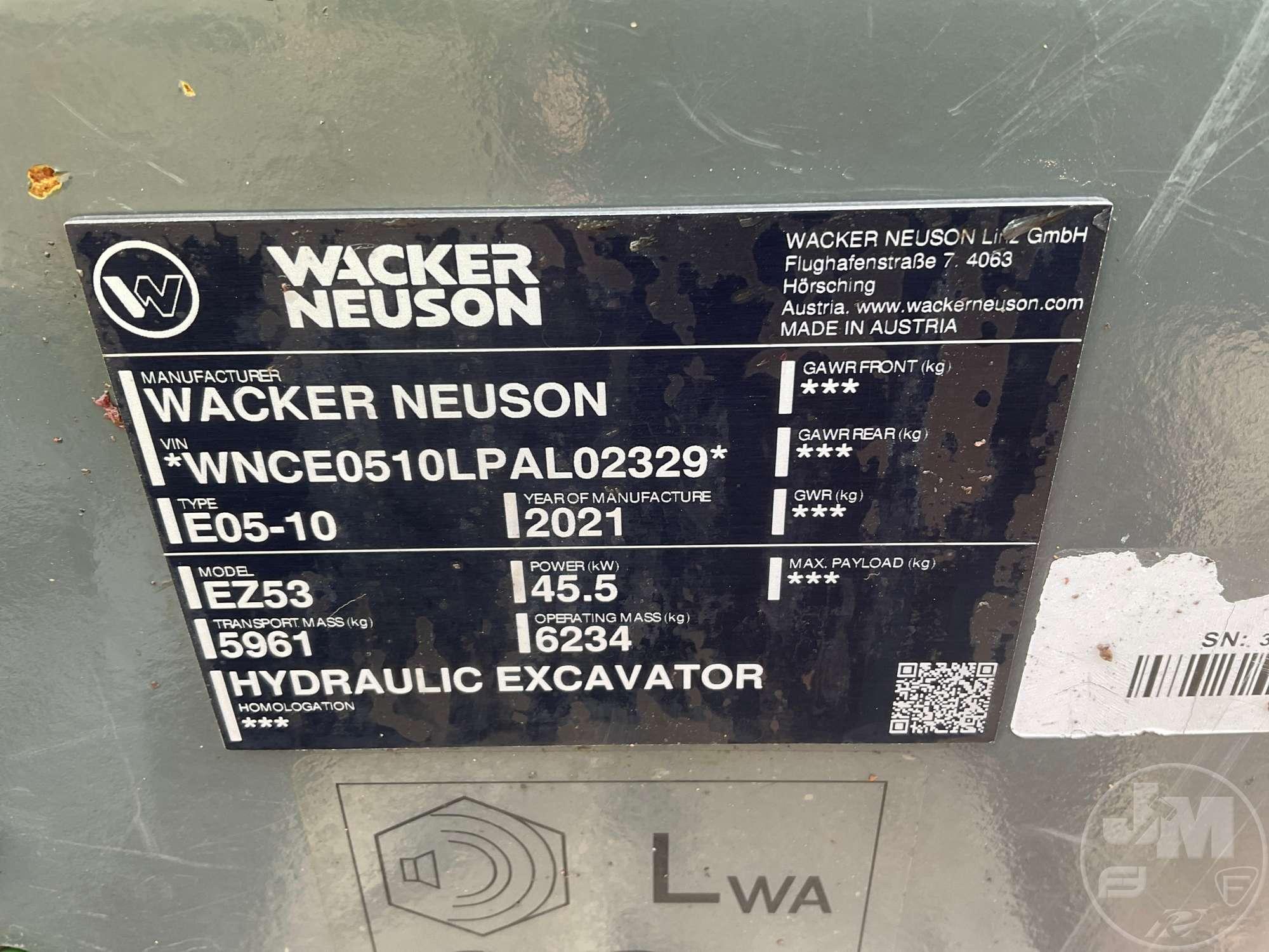 2021 WACKER EZ53 MINI EXCAVATOR SN: WNCE0510PLAL02329