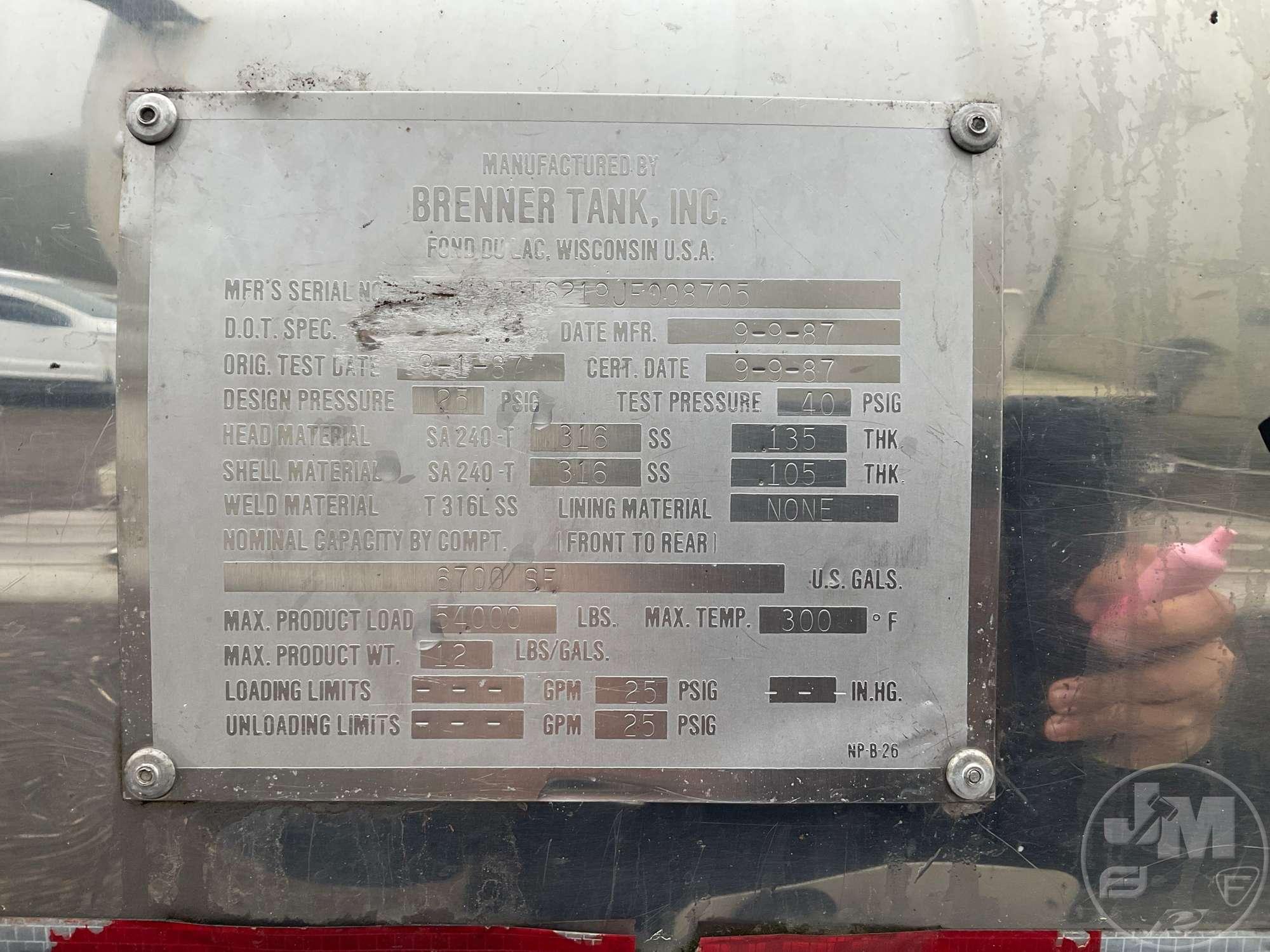 1988 BRENNER TANK INC  VIN: 10BFT6219JF008705