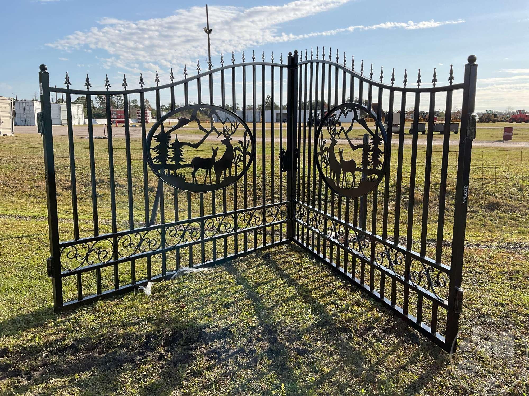 (UNUSED) GREATBEAR 20’...... BI-PARTING WROUGHT IRON GATE, W/ DEER INLAY