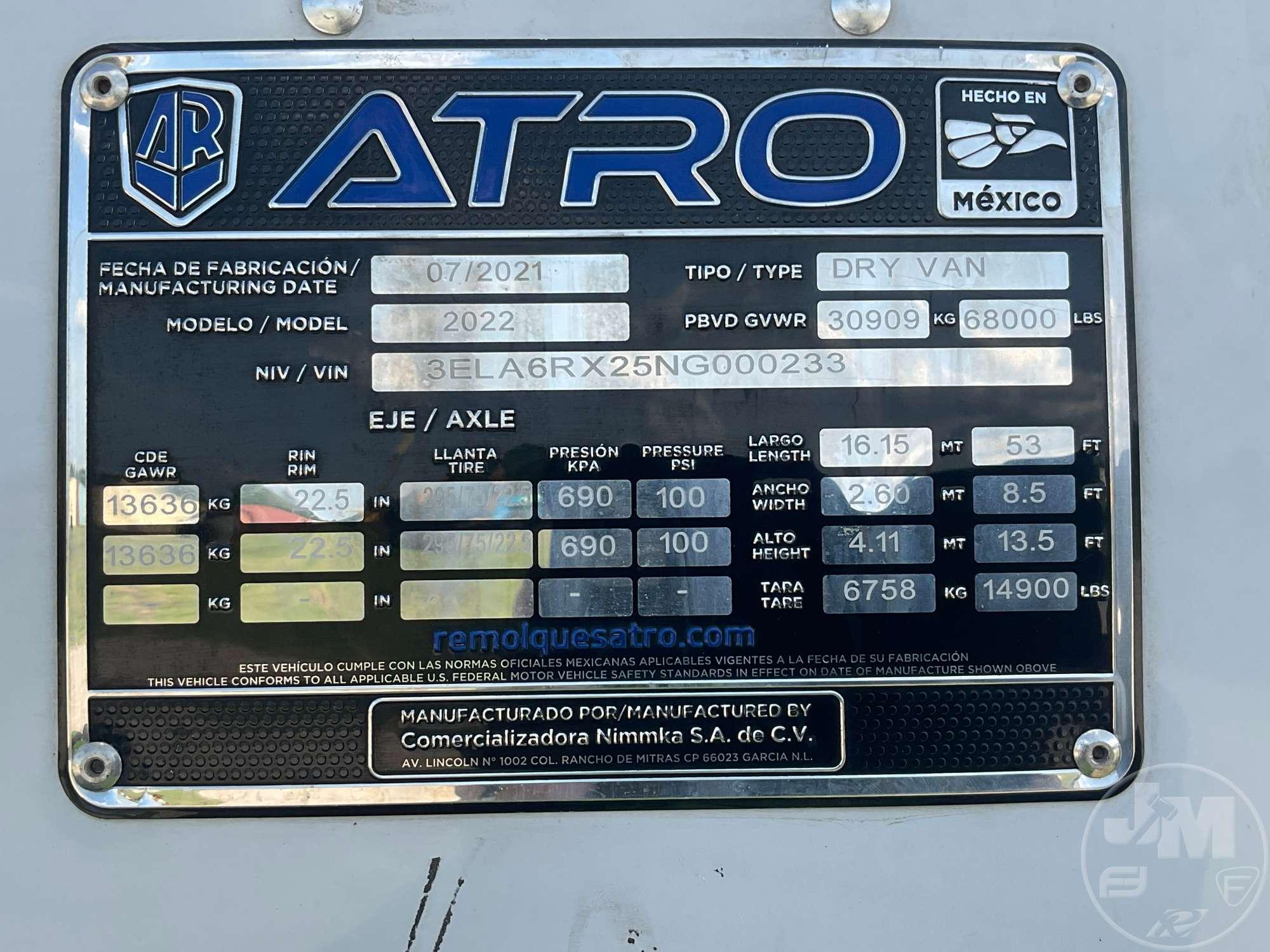 2022 ATRO ATRO 53'X102" VAN TRAILER VIN: 3ELA6RX25NG000233